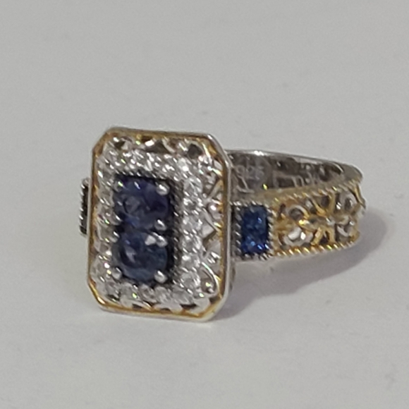 Gems en Vogue Boho Mogok Blue Sapphire 24K Plated Sterling Silver Statement Ring - Picture 3 of 16